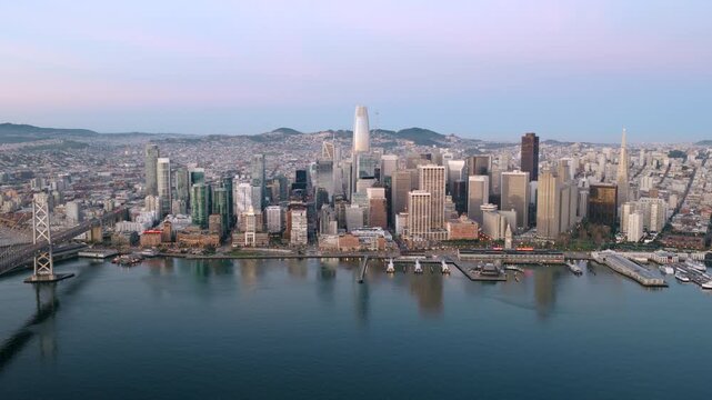 San Francisco - High Aerial Shot of Downtown SF with City in Background at Dawn with Early Morning Light