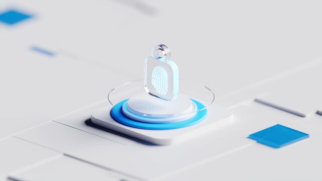 Biometric fingerprint glass padlock security icon tech background. 3D loops animation	