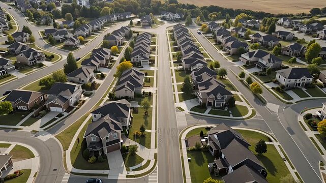 suburban neighborhood aerial view of houses and winding streets with trees
