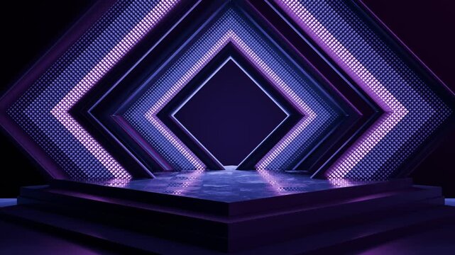 Abstract blue neon light diamond shape stage background. 3D loops animation	