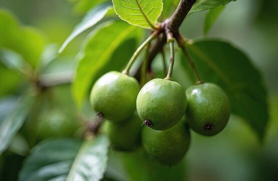 Several small, round green fruits grow on a tree branch. Rich leaves surround the unripe tropical produce. This photo shows a healthy plant bearing fruit outdoors.