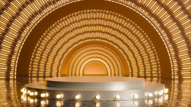 Luxurious golden semi circle neon light podium background. 3D loops animation	