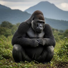 Naklejka premium Gorilla sitting in natural habitat.