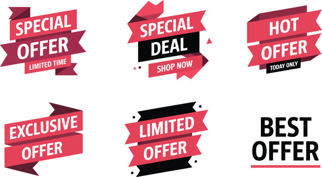 Special offer promotional labels collection including special deal, hot offer, exclusive offer, limited offer and best offer badges.