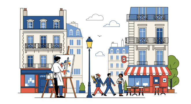 Illustration of a Parisian street scene with a painter at work, people walking, and a cafe, set against a white background with blue and white buildings.
