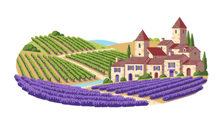 Fototapeta premium Illustration of a French castle with vineyards and lavender fields in the countryside.