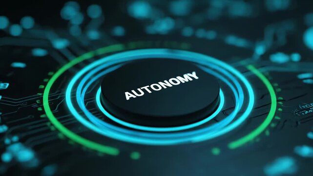 Close-up of futuristic digital interface with autonomy button highlighting advanced technology concepts