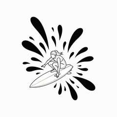 Fototapeta premium Line art illustration of a woman surfing a wave with water splashing around her, representing a healthy lifestyle and outdoor activity.