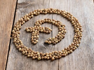 Obraz premium Coriander seeds arranged in ampersand symbol on rustic wood