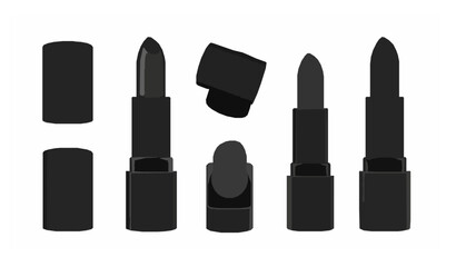 Obraz premium Decorative black lipstick vector set with open and closed cosmetic product isolated on white background