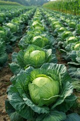 Wide agricultural field with rows of green cabbage crops stretching toward the horizon in bright daylight under clear sky