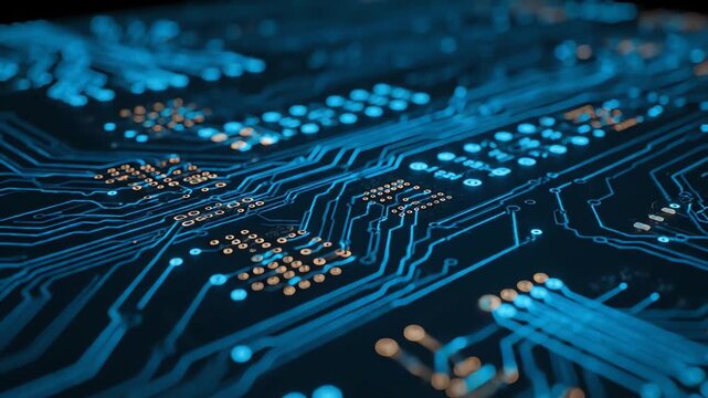 close-up view of a glowing blue circuit board pattern in a dark setting illustrating modern technology