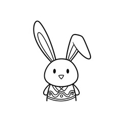 Fototapeta premium Simple black and white line art illustration of a cute cartoon rabbit wearing a patterned vest, standing facing forward.