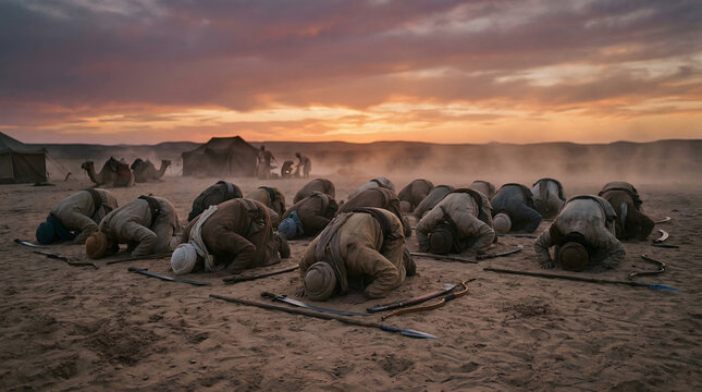 Historical group of Middle Eastern warriors in traditional attire performing sujud prayer in a desert camp during a golden sunset.