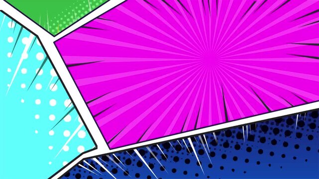 Vibrant comic book style background featuring multiple colorful panels with halftone dots and speed line effects.