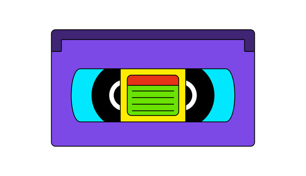 Retro y2k vhs cassette symbol in bold purple and yellow, flat style. Vintage tape player and trendy audio icon, classic 90s object with nostalgic feel, perfect for pop culture aesthetic themes.