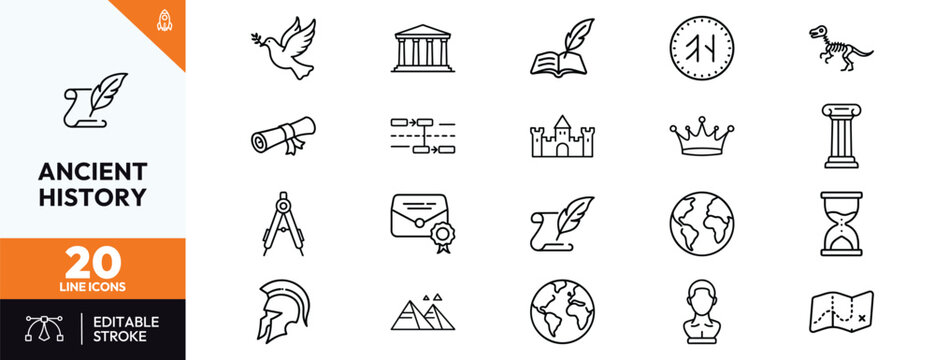 Ancient History Line Icons Set Editable Stroke