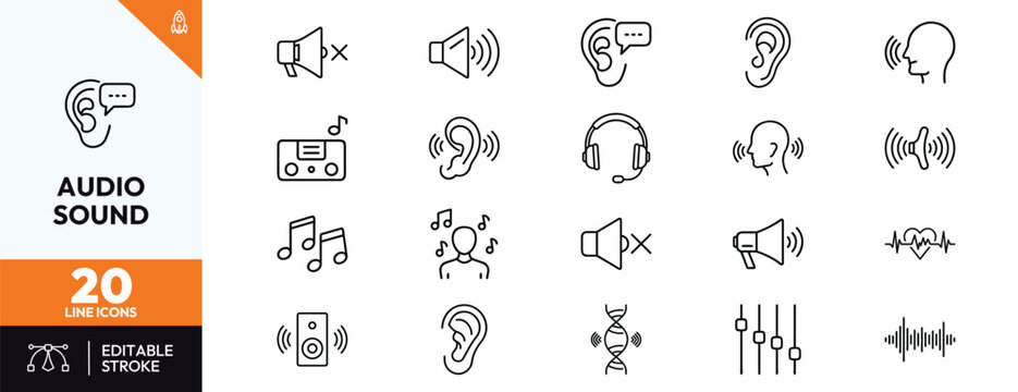Audio sound line icons set for music, voice, and communication design