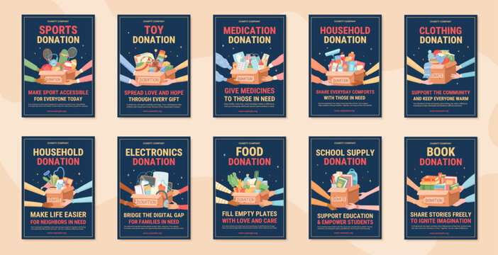 Colorful set of charity donate box banner with flat style and dark blue background. Support people with gift box and care message as community share symbol help poster for donation social print