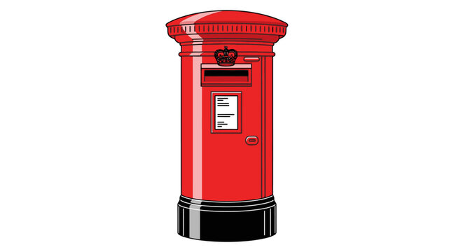 Red traditional British mailbox with a crown emblem on a white background.
