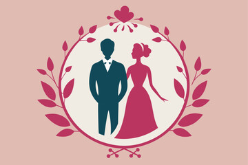 Romantic Wedding Couple Silhouette with Decorative Floral Wreath Border Design © icon sos