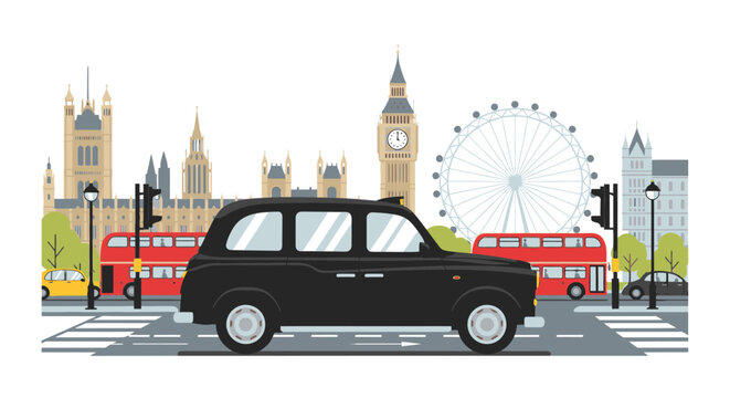 Illustration of a black taxi and red double-decker bus driving past iconic London landmarks like Big Ben and the London Eye in a stylized cityscape with a clean white background.