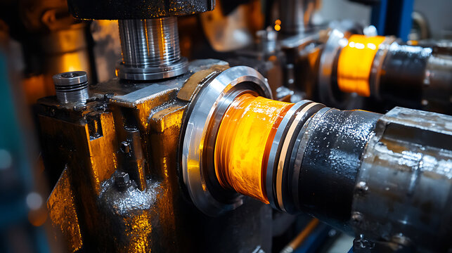 Industrial machine processes glowing molten material. Metal components rotate with precision and heat. Warm light reflects off polished surfaces and edges