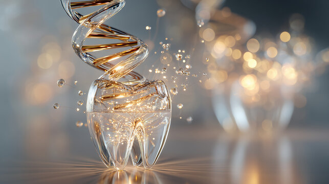 Futuristic dental care concept with glowing transparent tooth and DNA double helix, 3d illustration