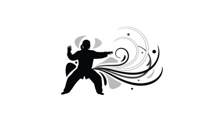 Fototapeta premium Martial artist silhouette in a dynamic pose generates swirling abstract energy.