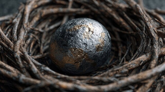Dark textured metallic sphere with gold flaking resting securely inside a woven bird's nest made of dry twigs.