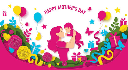 Fototapeta premium Happy Mother's Day Greeting Banner with Mother Holding Baby, Paper Cut Style Illustration with Flowers, Balloons, and Gift Boxes