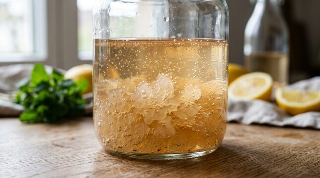 Close-up of kefir water grains in a clear jar with live culture visible, no text, no logos, no faces, fermented drink concept for wellness brand or health editorial, commercial use