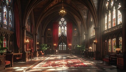Obraz premium Gothic Grand Hall Interior with Arched Ceilings and Red Velvet Curtains