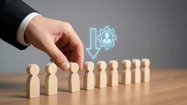 Layoff and dismissal impact employee and workforce during restructuring and downsizing processes causing significant changes business operations with wooden hand figure symbolizing business workforce