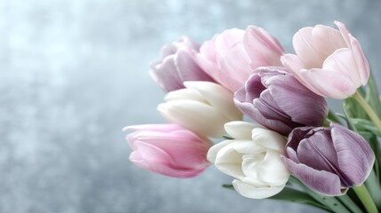 Fototapeta premium Beautiful Arrangement of Fresh Tulips in Soft Pastel Colors on a Subtle Textured Background for Spring Decor and Floral Themed Designs