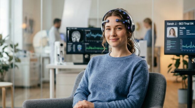 Patient wearing a sleek non-invasive brain-computer interface headset
