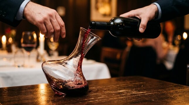 Close-up of wine bottle being decanted into a glass carafe with red cascade, no text, no logos, no faces, fine wine service concept for restaurant brand or culinary editorial, commercial use