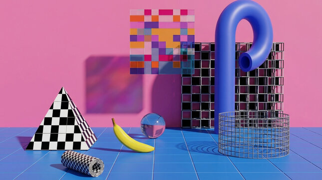 Abstract 3D render of geometric shapes and objects with a pink background image photo