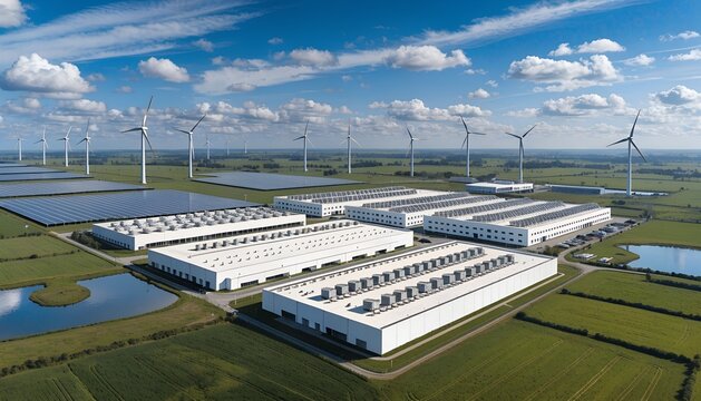 Aerial view of white data center campus with HVAC rooftops, solar panels, wind turbines. Green fields, ponds. Sustainable cloud infrastructure, renewable energy integration.
