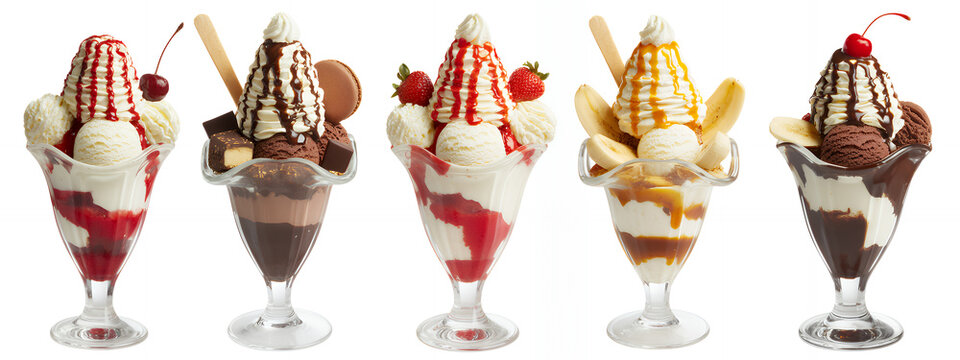 Assorted ice cream sundaes with toppings on white background desserts