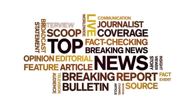 Top News animated word cloud-text design animation tag kinetic typography seamless loop.