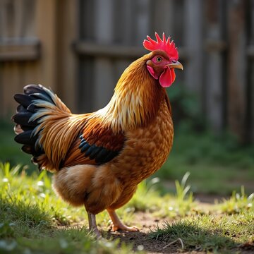 Golden Laced Wyandotte rooster stands in grassy backyard. Bird has brown and gold feathers. Domestic fowl with red comb and wattle. Rural farm animal profile.