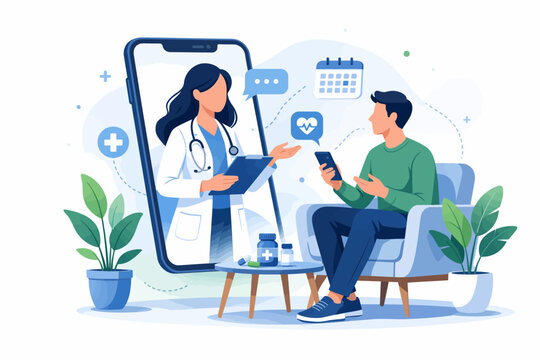 Telemedicine online consultation with doctor on smartphone and patient video call, flat illustration