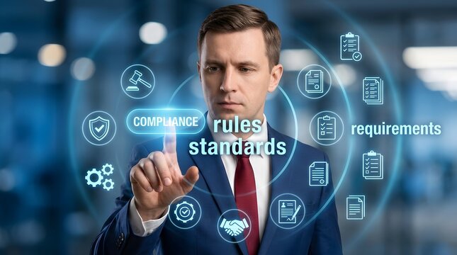 Businessman Interacting with Compliance Rules Standards Requirements Virtual Screen.