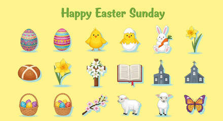 Fototapeta premium A delightful collection of vibrant Easter icons, showcasing traditional symbols of spring and renewal, perfect for celebrating the joyful holiday season with cheer and warmth