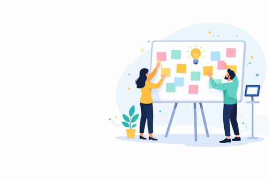 Brainstorming session with sticky notes on board, team collaboration concept, pastel flat illustration