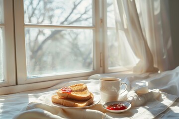 Breakfast by the window with toast, jam and coffee, sunlight coming through window, calm morning mood