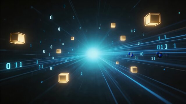 Futuristic digital data tunnel with glowing cubes and binary code representing blockchain technology big data flow and virtual reality concepts,PremiumDesign,ModernStyle,Style