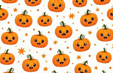 Fototapeta premium Cute cartoon orange pumpkins with happy faces form a repeating pattern. These festive fall characters with smiling expressions are perfect for Halloween and autumn themes.