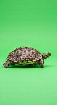 Turtle on green background studio shot.
